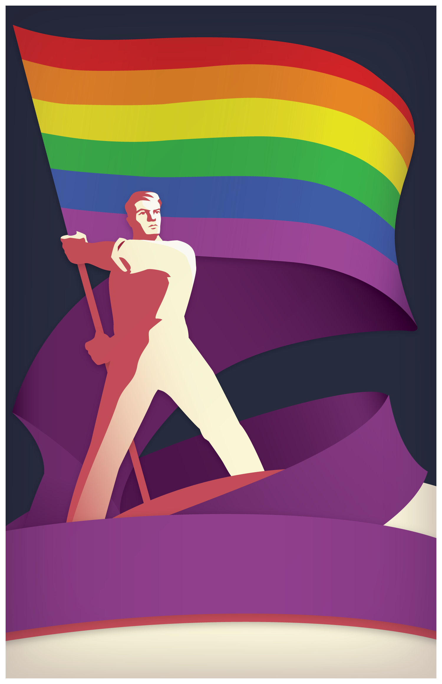 Illustration of man holding a rainbow flag proudly